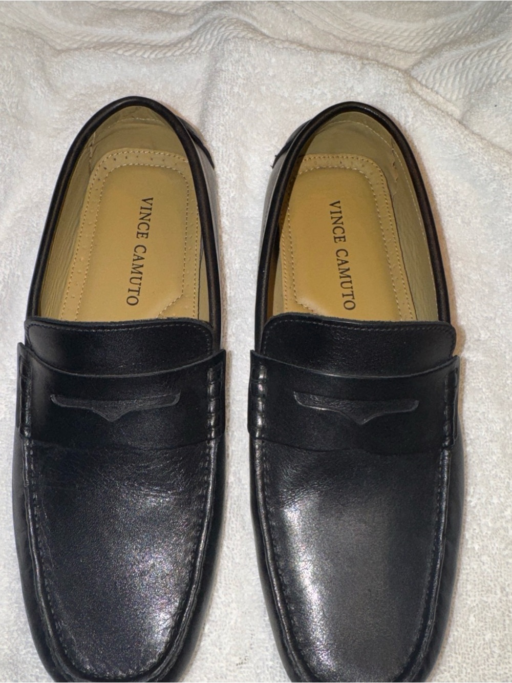 Vince Camuto Black Leather Penny Loafers with Tan Insole